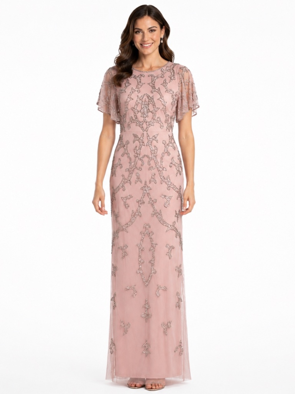 Adrianna Papell - Beaded Column‎ Gown With Flutter Sleeves